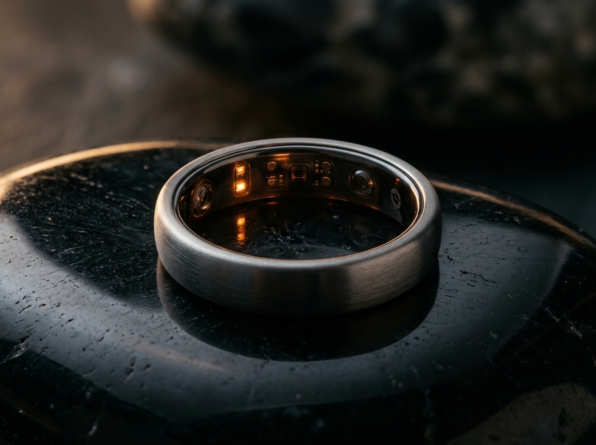 Sleek titanium smart ring on dark background with subtle blue pulse light